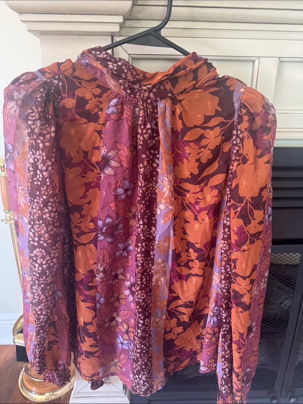 Floral High-Neck Long-Sleeve Blouse in Burnt Orange & Plum
